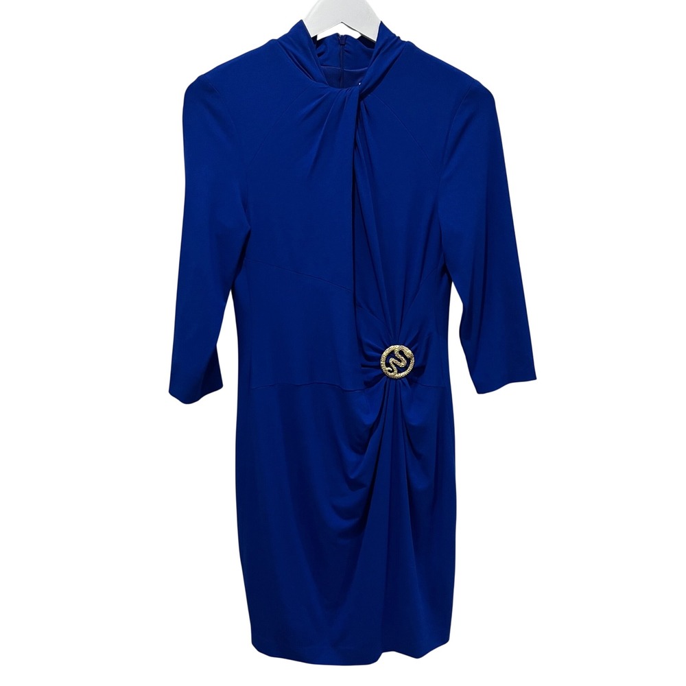 Vtg Cache Sheath Dress Women Large Blue Snake Gold Buckle Drape Bodycon Mob Wife